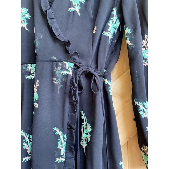 Sandro Paris Embroidered Faux Wrap Midi Black Ruffled Dress Size 1 Small FR 36 - Picture 3 of 12